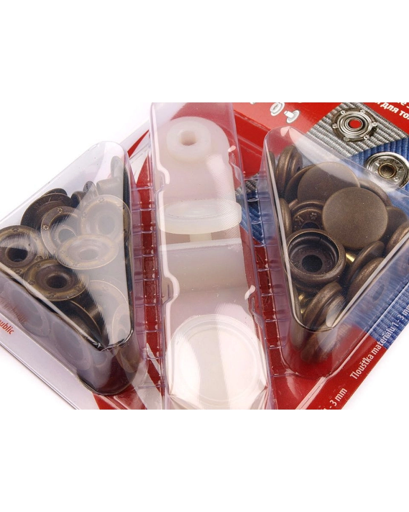 Capse metalice cu aplicator, finisaj alamă antică, Ø15 mm - 1 card | Mimib