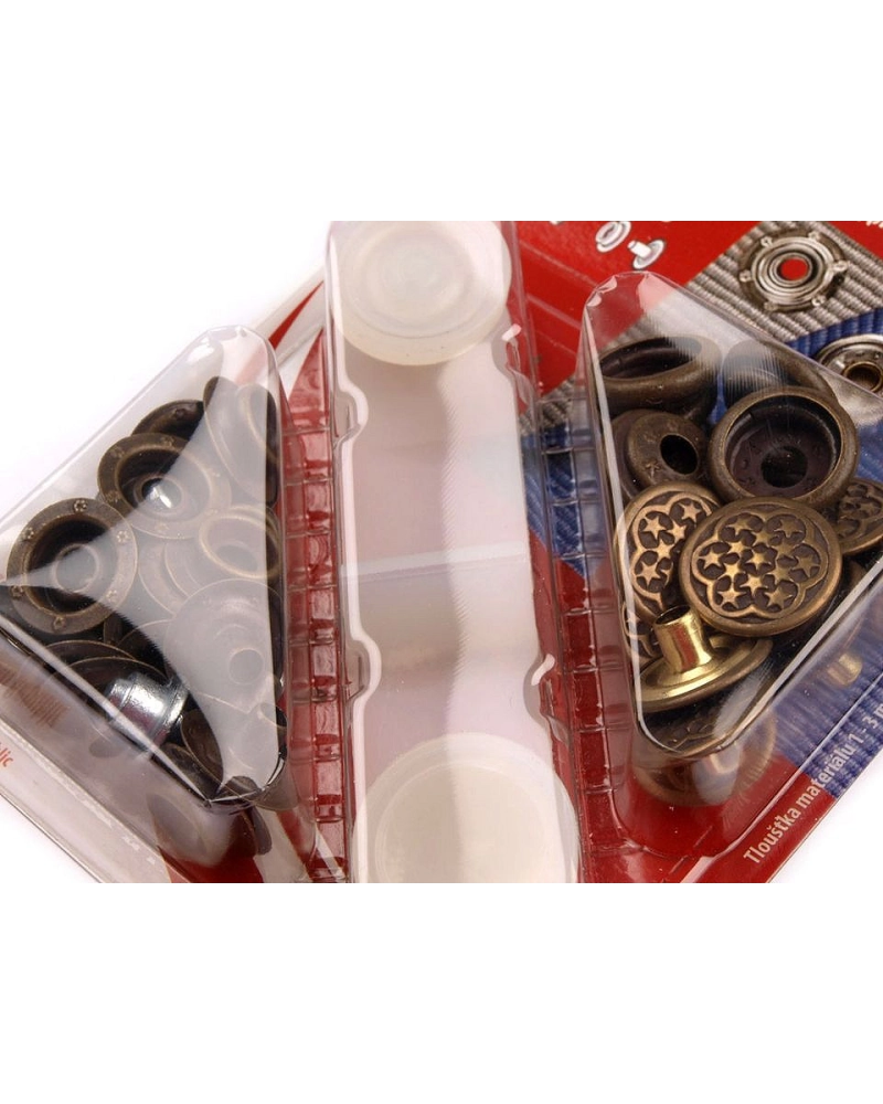 Capse metalice cu aplicator, finisaj alamă antică, Ø15 mm - 1 card | Mimib
