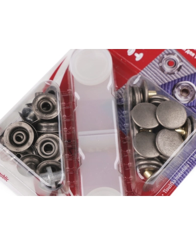Capse metalice cu aplicator, finisaj alamă antică, Ø15 mm - 1 card | Mimib
