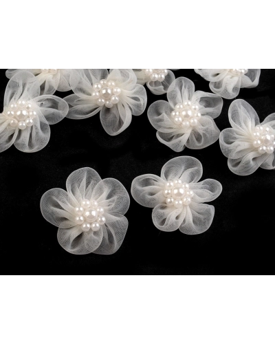 Flori din organza cu perle, Ø3-3,5 cm - 10 buc. | Mimib