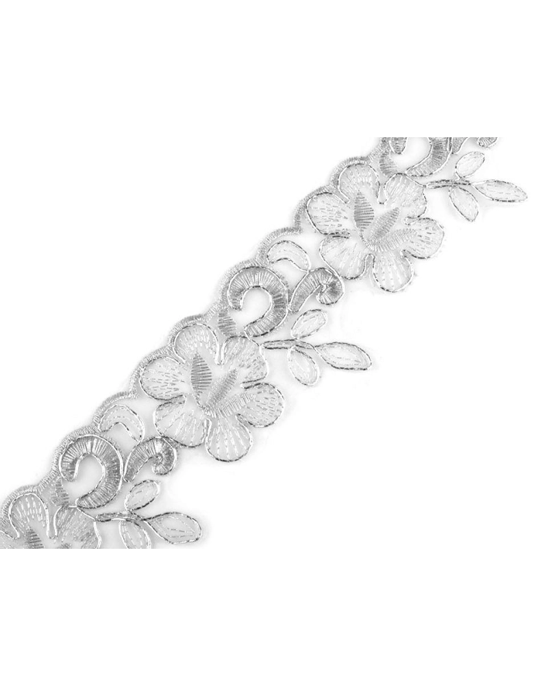 Dantelă brodată pe organza cu fir lame, lățime 58 mm - 1 m | Mimib