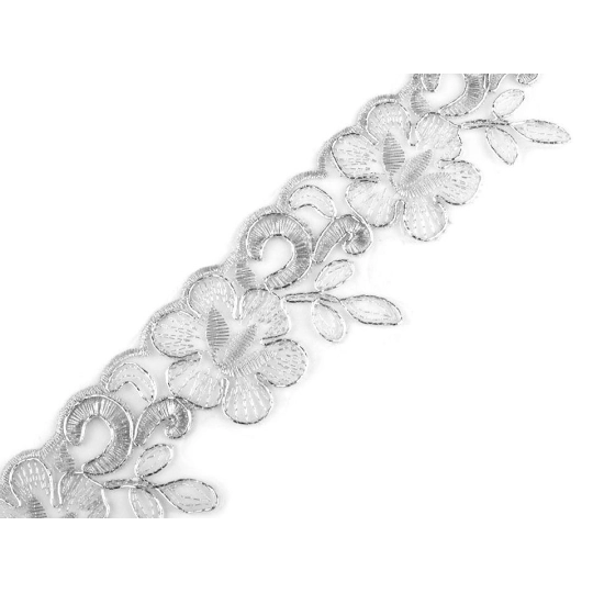 Dantelă brodată pe organza cu fir lame, lățime 58 mm - 1 m | Mimib