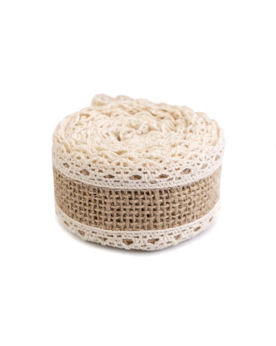 Panglică din iută cu dantelă, lățime 38 mm - 1 buc. | Mimib