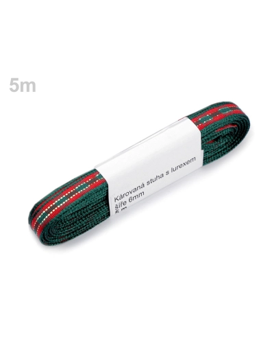 Károvaná stuha s lurexom šírka 6 mm vianočná - 5 m