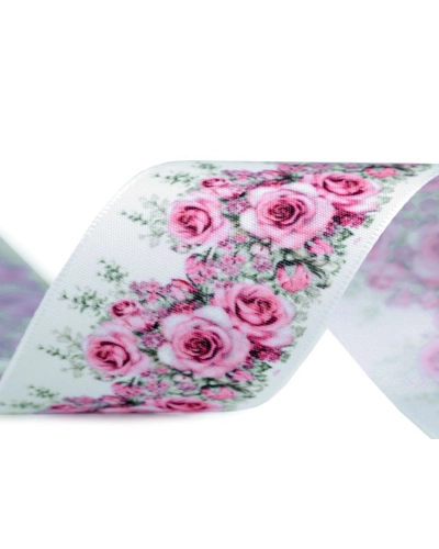 Panglică satinată, imprimeu floral, lățime 40 mm - 22.5 m | Mimib