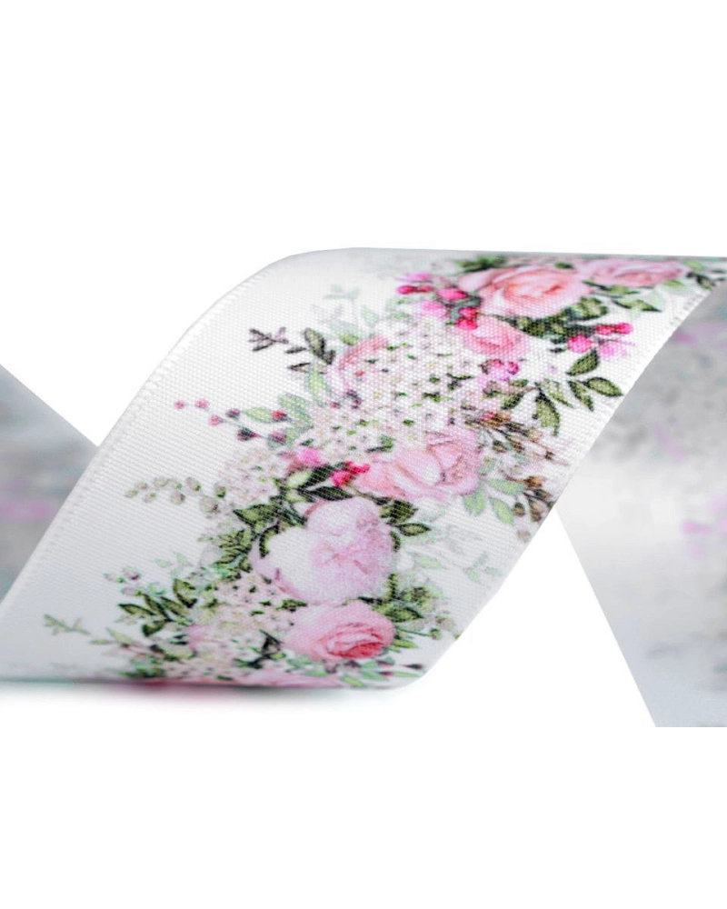 Panglică satinată, imprimeu floral, lățime 40 mm - 22.5 m | Mimib