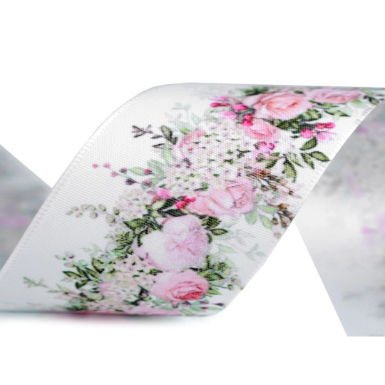Panglică satinată, imprimeu floral, lățime 40 mm - 22.5 m | Mimib
