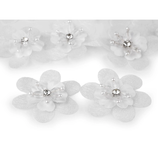 Floare cu piatricica si margele pentru cusut si lipit Ø4,5 cm - 10 buc. | Mimib