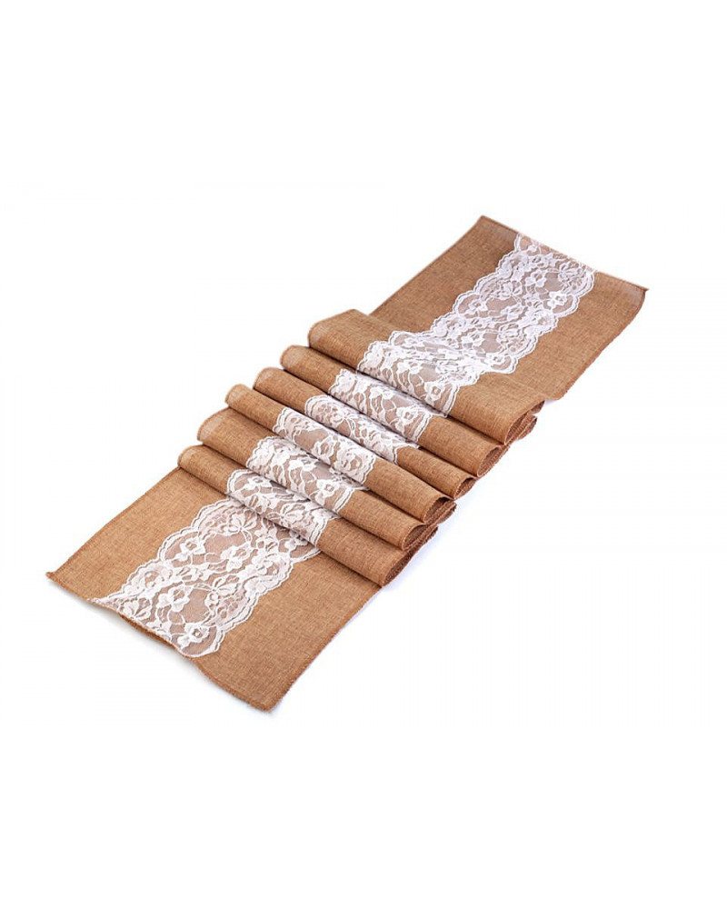 Traversă de masă imitație iută cu dantelă, 30x275 cm | Mimib