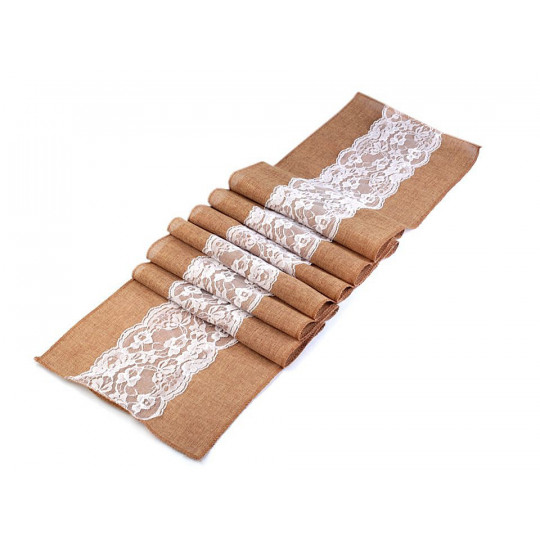 Traversă de masă imitație iută cu dantelă, 30x275 cm | Mimib