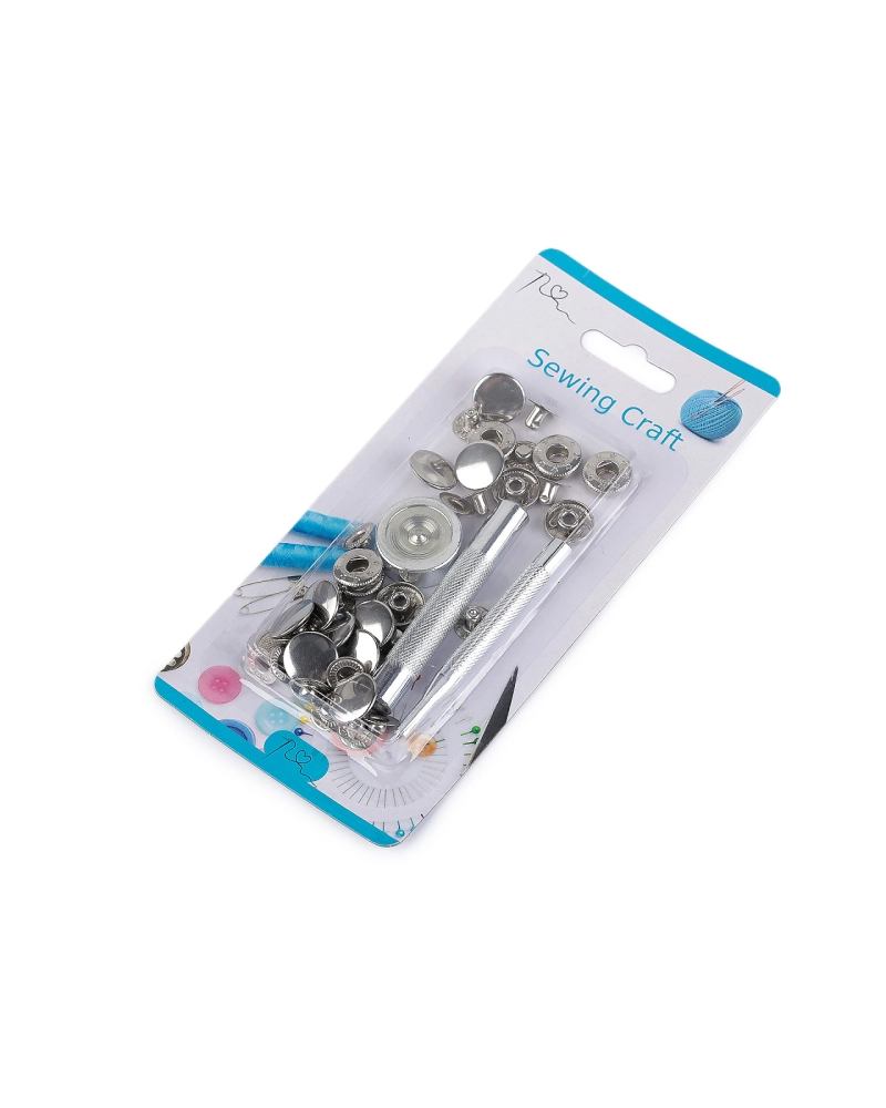 Gombík stláčací Ø15 mm na stredne hrubé látky, s ručným kovovým aplikátorom - 1 sada | Mimib