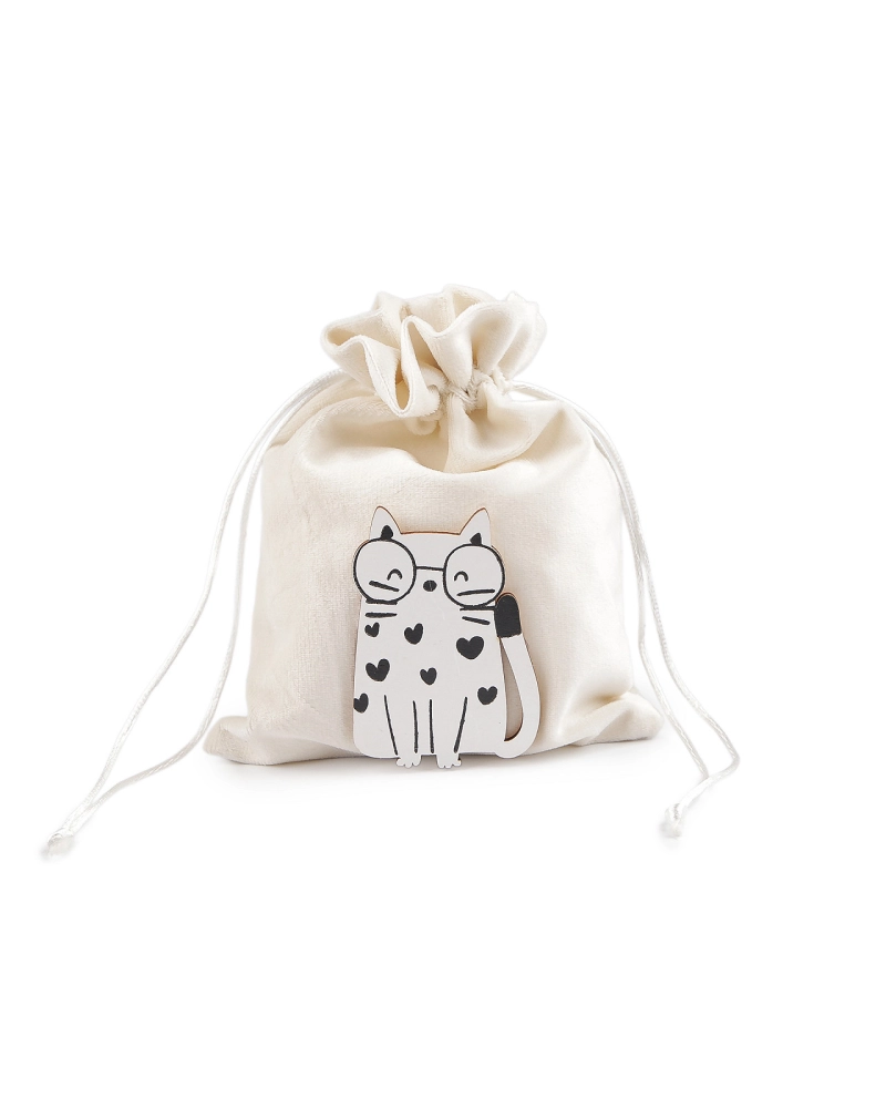 Darčekové vrecúško s drevenou mačkou 14,5x19,5 cm zamatové - 1 ks | Mimib